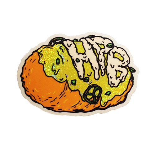 Tater tot covered in cheese with HPB logo sticker