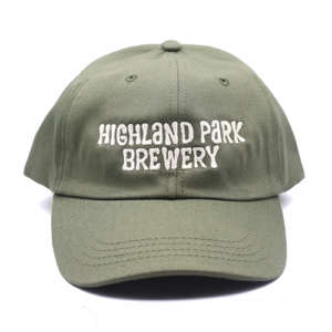 Highland Park Brewery font logo on olive dad hat
