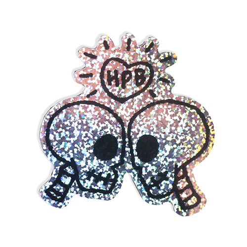 meeting of the minds skeleton skulls touching with heart above with hpb logo sticker