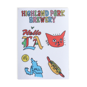 colorful sticker sheet with hot dog sticker, sad cat sticker, howling wolf sticker, hello la sticker, and highland park brewery bubble text sticker