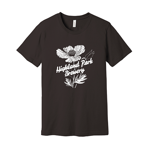 Dark brown tshirt with Highland Park text and flower logo