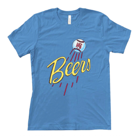 medium blue Beers and baseball tee shirt