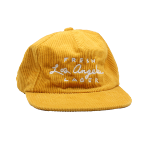 Mustard color corduroy hat with Fresh Los Angeles lager text on white background