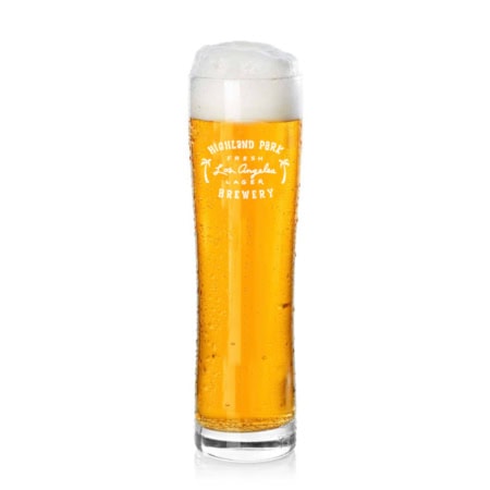 Fresh LA Lager logo on pilsner glass with white background.