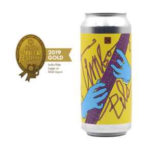 GABF 2019 Gold Medal winning Timbo Pils can on white background.