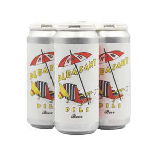 Four cans of beer are grouped together, ready for upcoming Los Angeles beer events. The label boasts a retro beach scene with a striped chair and umbrella. The text reads "HPB Pleasant Pils Beer" in stylized fonts, evoking a breezy coastal vibe perfect for new releases.