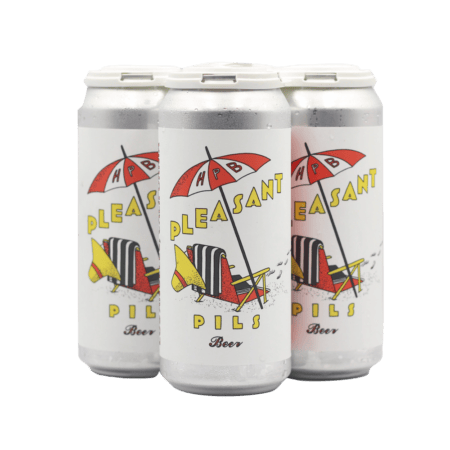 Four cans of beer are grouped together, ready for upcoming Los Angeles beer events. The label boasts a retro beach scene with a striped chair and umbrella. The text reads "HPB Pleasant Pils Beer" in stylized fonts, evoking a breezy coastal vibe perfect for new releases.