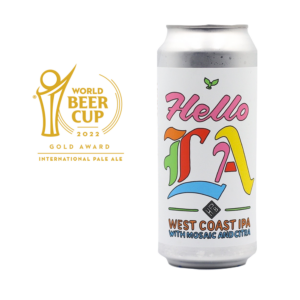 World Beer Cup 2022 Gold Medal winning Hello LA can on white background.