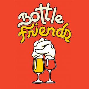 Bottle Friends artwork, 2 beer glasses with anthropomorphic foam overflowing the top and hugging each other.