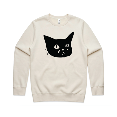 Sad Cat design on cream colored crewneck sweatshirt.