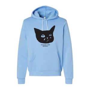 Light blue Bella/Canvas lightweight hoodie featuring a black minimalist drawing of a sad-looking cat's face. Below the cat image, the text reads "Highland Park Brewery." The hoodie has a white drawstring