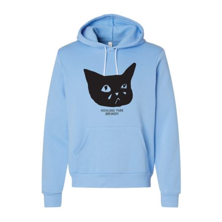 Light blue Bella/Canvas lightweight hoodie featuring a black minimalist drawing of a sad-looking cat's face. Below the cat image, the text reads "Highland Park Brewery." The hoodie has a white drawstring