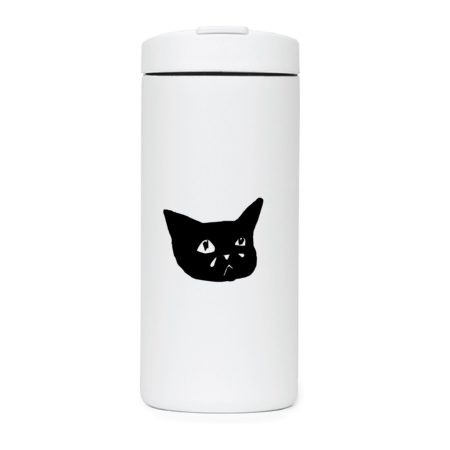 White drink tumbler with a black minimalist sad cat face graphic, featuring large, expressive eyes and a slight frown.