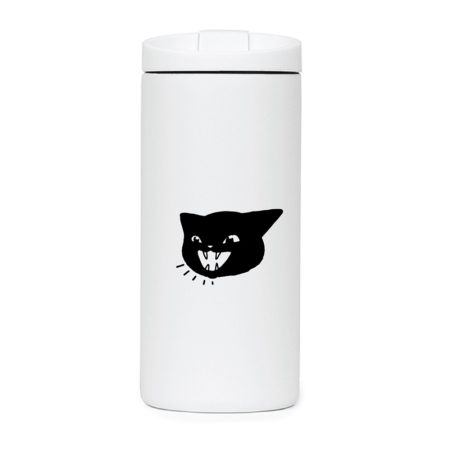 White drink tumbler with an alternate black cat face design, showing a fierce expression with bared teeth and intense eyes.