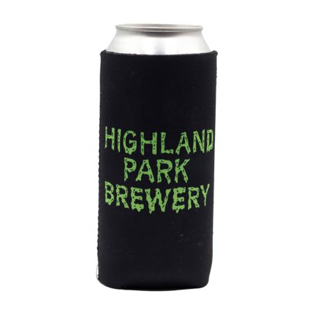 Black Koozie with Highland Park Brewery text logo in dripping green font.