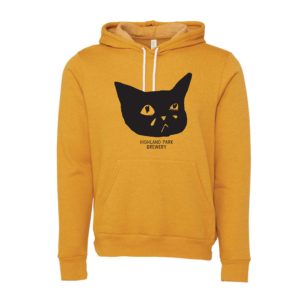 Mustard colored Bella/Canvas lightweight hoodie featuring a black minimalist drawing of a sad-looking cat's face. Below the cat image, the text reads "Highland Park Brewery." The hoodie has a white drawstring and a front pocket.