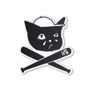 Highland Park Brewery vinyl sticker featuring sad cat with baseball cap and crossed bats in black-and-white design.