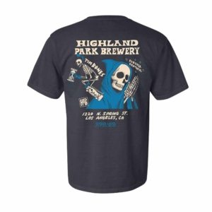 Back view of a Comfort Colors T-shirt in Graphite featuring Highland Park Brewery's skeleton artwork by Scrap Labs. The skeleton is wearing a hooded robe and holds a glass, with the text 'Tim Bones' and 'Forever Grateful' alongside Highland Park Brewery's address.