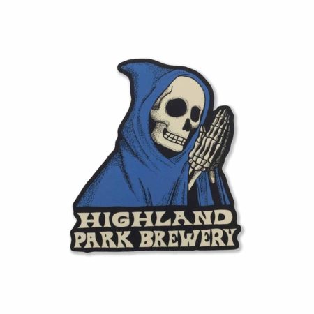 Highland Park Brewery vinyl sticker featuring a skeleton in a blue hooded robe with clasped hands, printed with the brewery's name in vintage-style lettering.