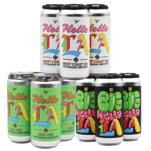 4 packs of Hello LA, DDH Hello LA, and Big Hello, stacked in a triangle on white background for the half shipping case