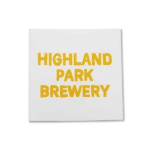 Highland Park Brewery vinyl sticker featuring bold yellow text on a white background.