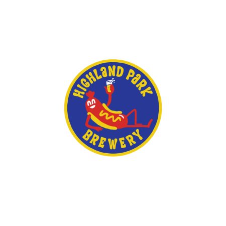 Mockup artwork of Anthropomorphic Hot Dog holding a beer with Highland Park Brewery text.