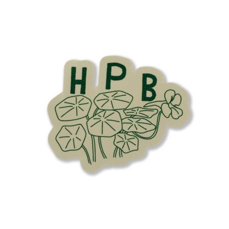 3x2.5-inch glossy vinyl sticker featuring California nasturtium leaves and blossoms with green pixie dust accents, designed by Scrap Labs.