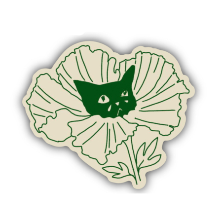 3x1.5-inch vinyl magnet featuring Sad Cat nestled in a blooming poppy flower, with original artwork by Scrap Labs.