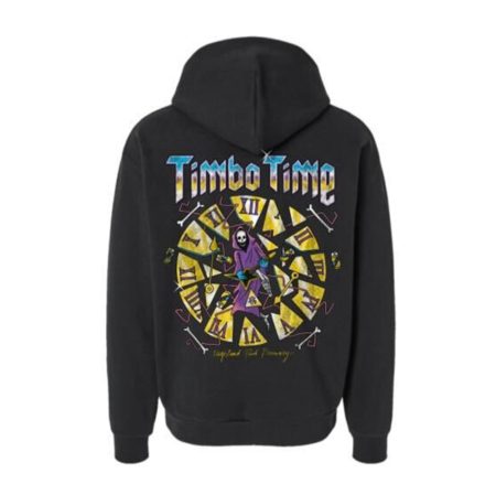 Timbo Time black hooded pullover featuring a small front graphic and bold back design with colorful clock fragments and a reaper, original artwork by Scrap Labs.