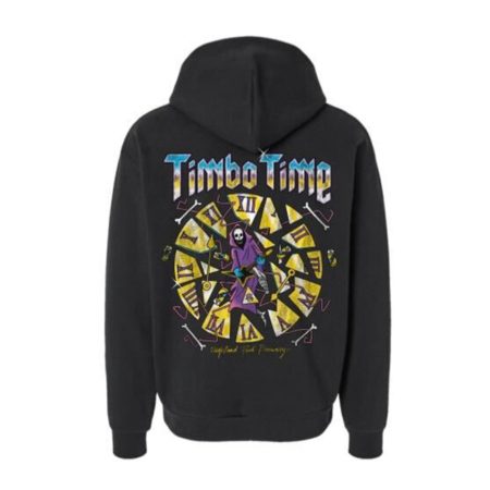 Timbo Time black hooded pullover featuring a small front graphic and bold back design with colorful clock fragments and a reaper, original artwork by Scrap Labs.