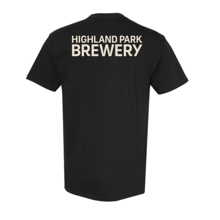 Back of Black t-shirt with Highland Park Brewery text across the back in cream color.