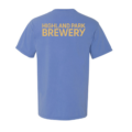 Back of blue tee with yellow Highland Park Brewery text