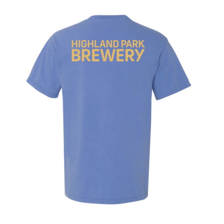 Back of blue tee with yellow Highland Park Brewery text