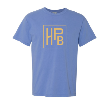 Blue t-shirt with Highland Park Brewery's original logo on the front and text on the back in yellow.