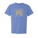 Blue t-shirt with Highland Park Brewery's original logo on the front and text on the back in yellow.