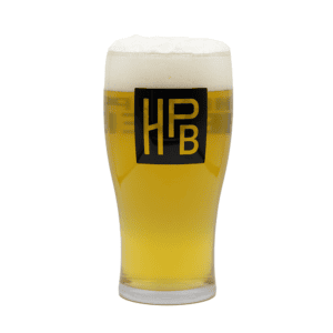 A 16 oz. Libbey Pub Glass filled with beer, featuring a black square HPB logo on the front and Highland Park Brewery text on the back.