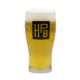 A 16 oz. Libbey Pub Glass filled with beer, featuring a black square HPB logo on the front and Highland Park Brewery text on the back.