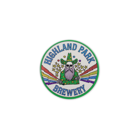 Highland Park Brewery Slick Wizard sticker featuring a colorful wizard with a purple beard, green robe, and hat adorned with stars, shooting rainbow beams from his hands, surrounded by the brewery name.