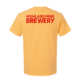 Back of Yellow t-shirt with Highland Park Brewery text in red