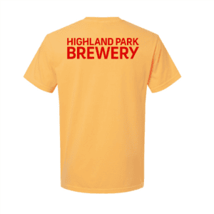 Back of Yellow t-shirt with Highland Park Brewery text in red