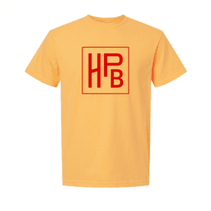 Yellow t-shirt with original HPB square logo.