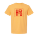 Yellow t-shirt with original HPB square logo.