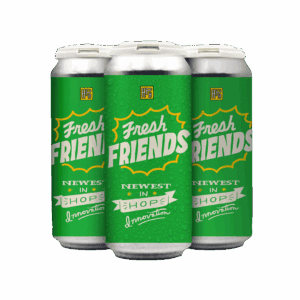 A 4-pack of Fresh Friends beer with green cans, white and yellow text, silver tops, and condensation on the front can is shown against a white background.
