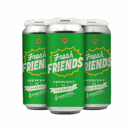 A 4-pack of Fresh Friends beer with green cans, white and yellow text, silver tops, and condensation on the front can is shown against a white background.