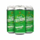 A 4-pack of Fresh Friends beer with green cans, white and yellow text, silver tops, and condensation on the front can is shown against a white background.