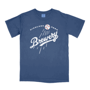 Blue Comfort Colors shirt with distressed print of original Highland Park Brewery baseball artwork by Scraplabs.