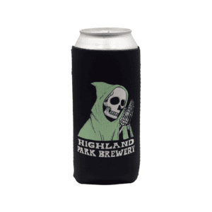 Can koozie with Highland Park Brewery text and hooded skeleton praying.