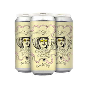 Three cans of "Burger Eyes" Classic WC IPA boast a quirky, artistic design: a face with yellow hamburger eyes, and wavy lines.
