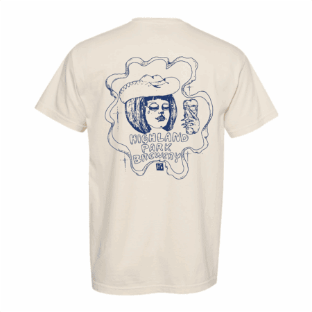The Burger Eyes Tee is a cream-colored T-shirt with a blue line drawing on the back of a person in a cowboy hat holding a drink, and "Highland Park Brewery"