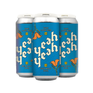 Three cans of "Yeah Yeah" DDH Hazy DIPA, set against a blue backdrop adorned with orange flowers, signal the excitement of upcoming Los Angeles beer events and releases. The cans boast bold, stylized white lettering and a small square logo near the base.